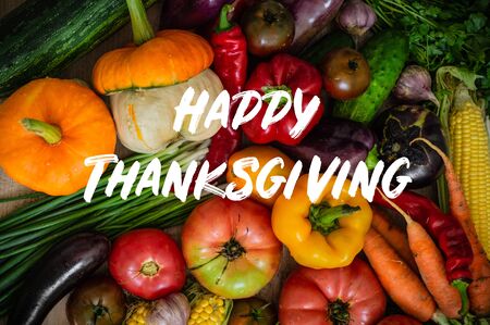 Happy Thanksgiving. Harvest, Autumn. Still life with Thanksgiving concept. Panoramic collection of fresh healthy fruits and vegetables.の写真素材