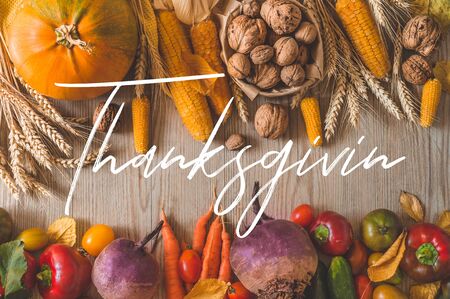 Happy Thanksgiving. Harvest, Autumn. Still life with Thanksgiving concept. Panoramic collection of fresh healthy fruits and vegetables.の写真素材