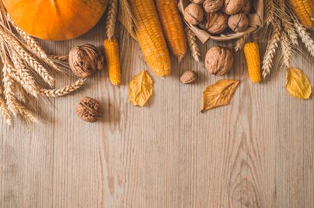 Harvest, Autumn. Still life with Thanksgiving concept. Panoramic collection of fresh healthy fruits and vegetables. Healthy eating background. Vegetables on vintage rustic wooden background.の写真素材