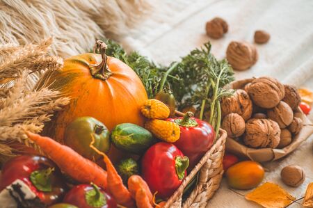 Harvest, Autumn. Still life with Thanksgiving concept. Panoramic collection of fresh healthy fruits and vegetables. Healthy eating background. Vegetables on vintage rustic wooden background.の写真素材