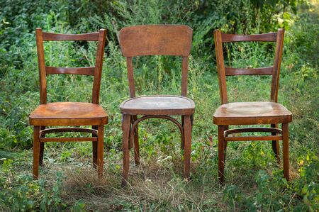 Pair old wooden chair outdoors. Two wooden folding chairs for rest. Around the lush grass and white flowers. Solar glare is played on a wooden surface.の写真素材
