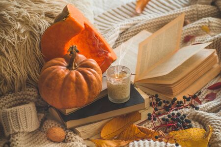Still life details in home interior of living room. Sweaters and cup of coffee with pumpkins and autumn decor on the books. Read, Rest. Cozy autumn or winter concept.の写真素材