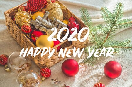 Merry Christmas and happy New year. Christmas tree toys, Christmas tree and Christmas gifts. Winter mood, holiday decorationの写真素材