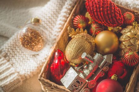Winter mood, holiday decoration. Christmas decor. Still life details in home interior. Christmas...