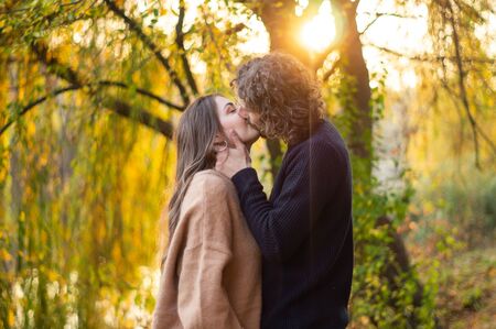 Happy couple outdoors. Outdoor portrait of romantic couple in love. Full of happiness. Valentines...