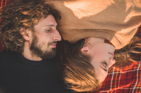 Happy couple outdoors. Outdoor portrait of romantic couple in love. Full of happiness. Valentines...