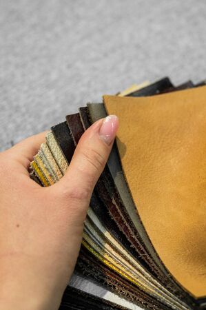 Luxury multicolored leather samples close-up. Can be used as background. Industry background.
