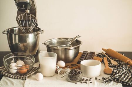 Ingredients for flour products or dessert. Cooking Cupcakes. Rural or rustic style.の写真素材