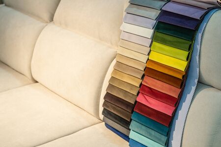 Upholstery fabric samples. Fabric for a furniture upholstery. Textile industry background.