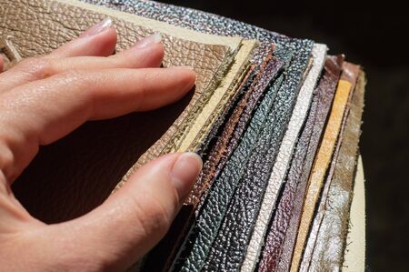 Brown Luxury leather samples close-up. Can be used as background. Industry background.の写真素材