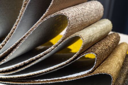 Catalog of browns multi colored cloth. Sample fabric. Industry background. Textureの写真素材