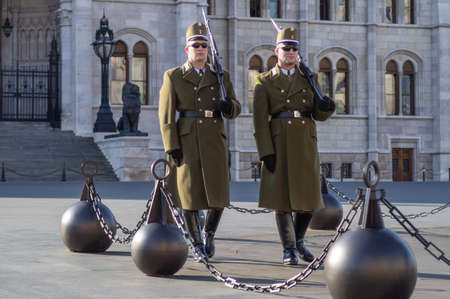 BUDAPEST, HUNGARY - APRIL 2020: Members of the Hungarian Guard of Honor marching around the...