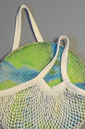 Planet earth in a string bag. Zero waste concept. Earth day. Eco friendly and reuse concept. Top...