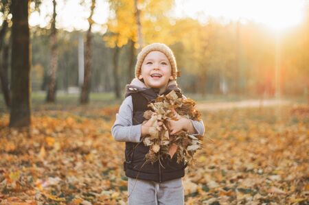 Happy little child baby boy laughing and playing in the autumn day.の写真素材