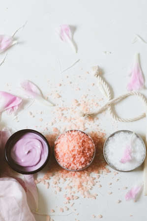 Spa relax Treatments and anti-cellulite massage. Beauty, nature cosmetics for bath spa, skin care, flat lay.の写真素材