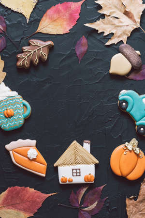 Hello Fall. Multicolored autumn cookies on a black background. Autumn conceptの写真素材
