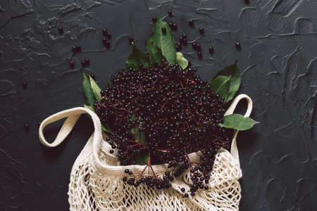 Elderberry on a dark background in string bag.