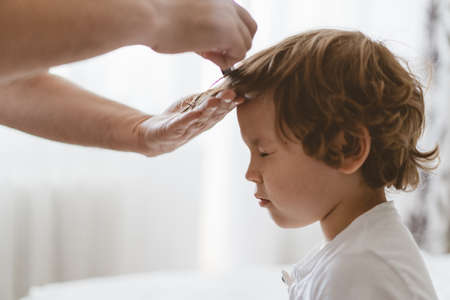 Father cuts her son hair in the room. Family during quarantine, Scissors and a comb in male hands....