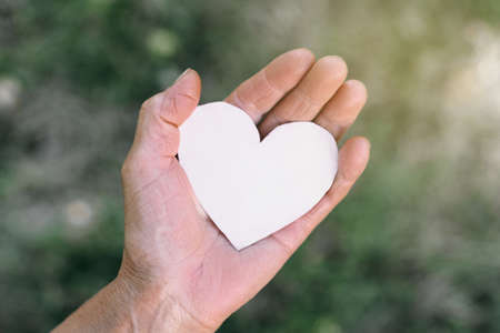 Grandma's hand holds a heart. The concept of protecting the elderly, retirement.の写真素材