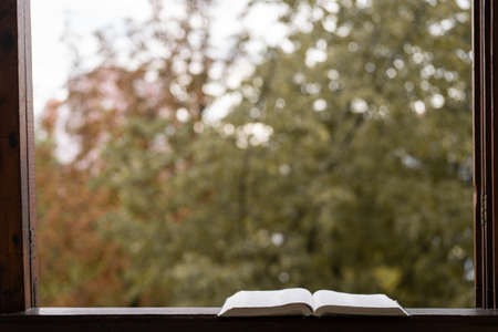 Open book on a vintage windowsill. Read and rest