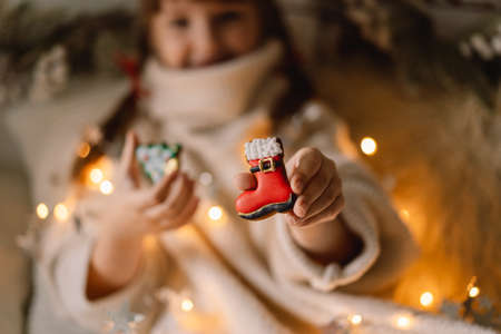 Merry Christmas and Happy Holidays. The child plays with gingerbread cookies. Waiting for Christmas.の写真素材