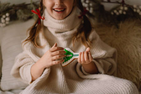 Merry Christmas and Happy Holidays. The child plays with gingerbread cookies. Waiting for Christmas.の写真素材