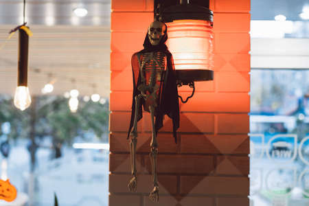 The Skeleton is hanging on a lantern in a cafe. Terrible creatures. Halloween conceptの写真素材