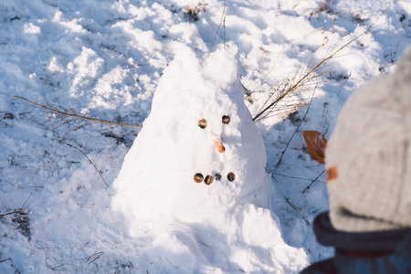 Funny snowmen. Making snowman and winter fun. Winter holiday.の写真素材