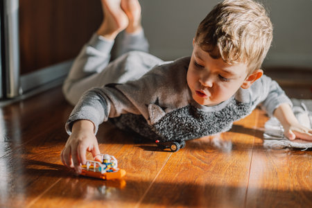 Little cute boy plays with toys at home.の写真素材