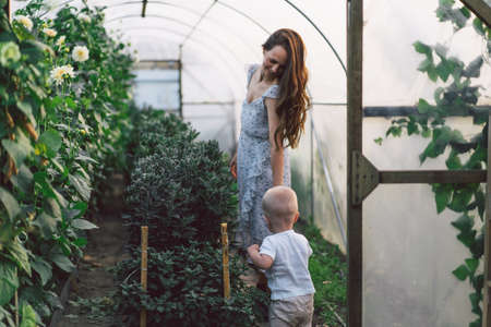 Woman playing with her child in a greenhouse with flowers. Happy mother's dayの写真素材
