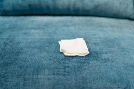 Woman cleaning a blue sofa with white cloth. Sofa cleaning. Removing stains.の写真素材