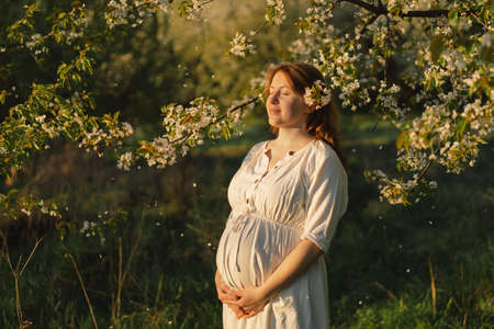 Spring portrait of a pregnant woman. A beautiful young pregnant woman in a white dress walks in the spring garden. Happy pregnancy. Springの写真素材
