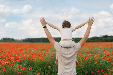 Happy fathers day. Little boy and father are playing in a beautiful field of red poppies.の写真素材