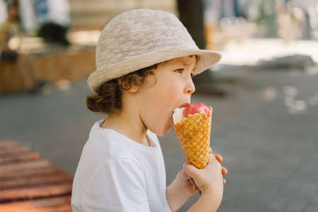 Boy in a hat is holding an ice cream and looks happy and surprised. Summer food and summer timeの写真素材