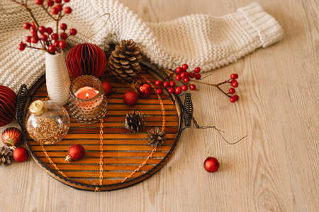 Happy New Years. Christmas background with fir tree, cones and Christmas decorations. Christmas holiday celebration.の写真素材