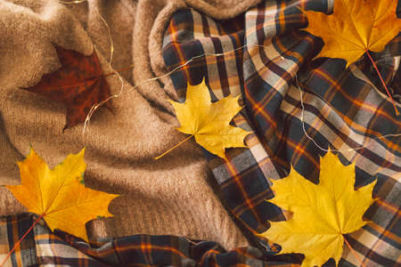 Background with warm sweaters. Knitted clothes with yellow autumn leaves, warm background.