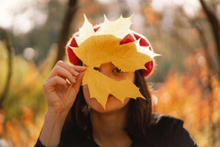 A Teengirl in a red beret with a bouquet of autumn leaves in her hands walks through the forestの写真素材
