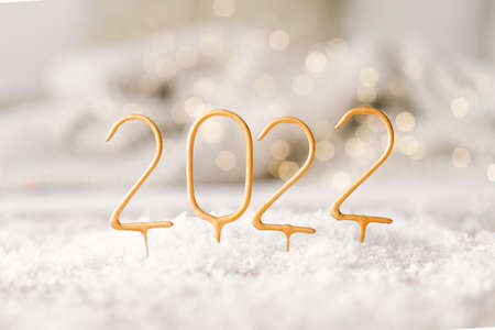 Happy New Year 2022. New Year background with presents, garlands and New Year decorations.の写真素材