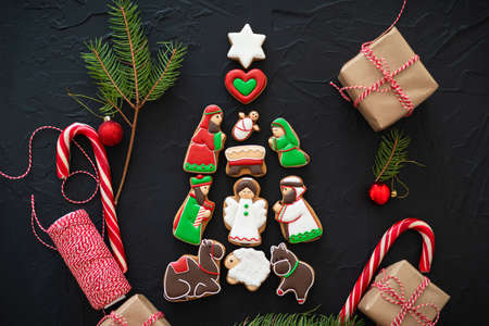 Christmas gingerbread cookies with Christmas decorations. Christmas composition.の写真素材