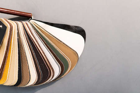 Luxury multicolored leather samples close-up. Multicolored palette leather