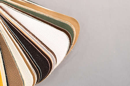 Luxury multicolored leather samples close-up. Multicolored palette leather