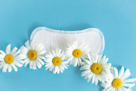 Menstruation period concept. Hygienic white female pad with chamomile flowers on blue background