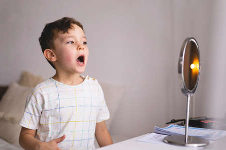 Boy pronouncing sound O looking at mirror doing an online Speech therapy lesson through a laptopの写真素材