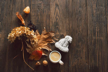 Cup of coffee and autumn dried leaves, knitted little hat on wood background. Flat layの写真素材