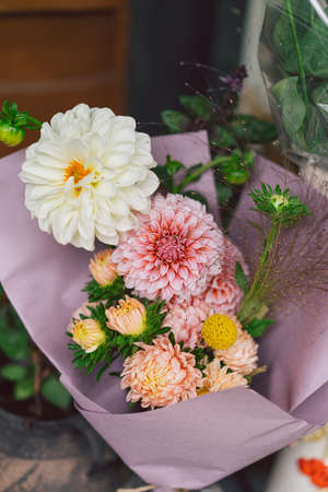 Beautiful flower composition with autumn pink and white floandの写真素材