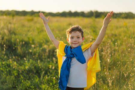 Ukrainian child boy in white t shirt with yellow and blue flag of Ukraine in field.の写真素材