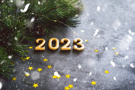 Happy New Years 2023. Christmas background with cone tree and Christmas decorations.の写真素材
