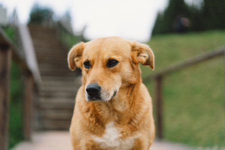 Sad and lonely dog laying down on wood floor in a outdoors.の写真素材