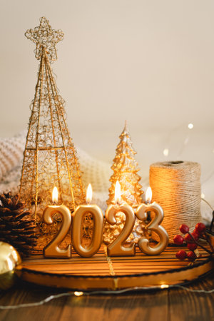 Happy New Years 2023. Christmas background with fir tree, cones and Christmas decorationsの写真素材