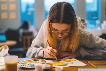 Pretty teenage girl draws a picture with poster paint.の写真素材
